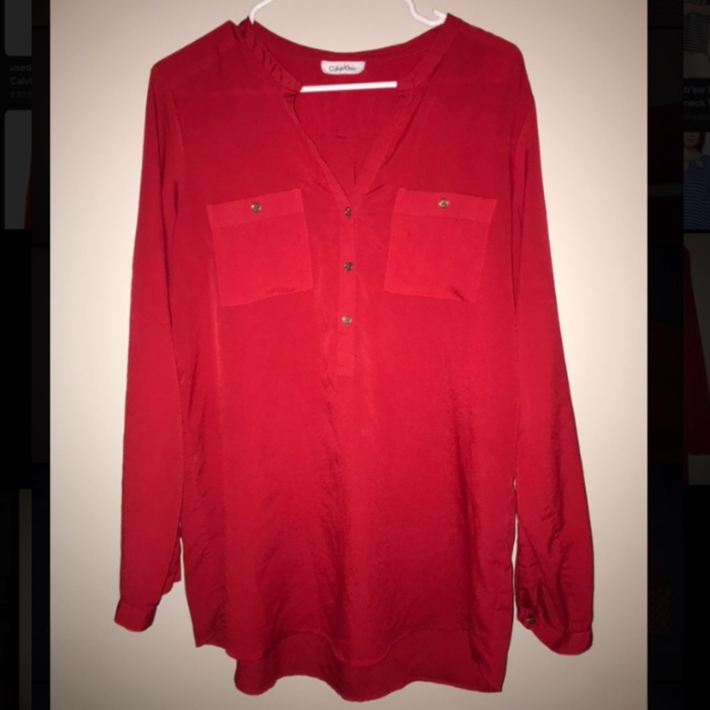 Calvin Klein Red Long Sleeve Blouse Shirt Top